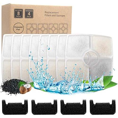 8PCS Cat Fountain Filter Replacement Pet Fountain Filter for 84oz/2.5L Automatic Pet Fountain Cat Water Fountain Filter Carbon Replacement Filters with 4 Pre-Filter Sponges