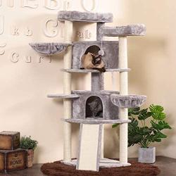 Hey-bro Extra Large Multi-Level Cat Tree Condo Furniture with Sisal-Covered Scratching Posts, 2 Bigger Plush Condos, 2 Perch Hammock, Scratching Posts Smoky Gray MPJ031G