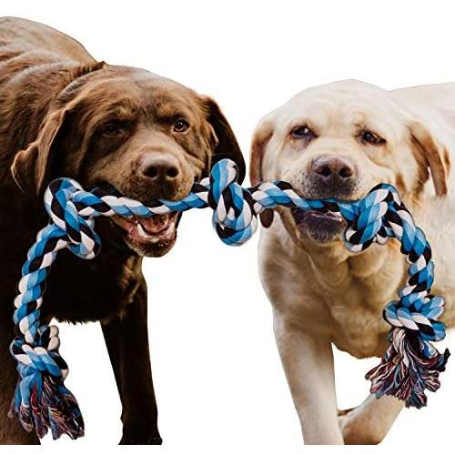 Dog Rope Toy for Aggressive Chewers - Medium to Large Breed Dogs | Extra-Large Tug of War Toy for Bonding with your Best Friend | 100% Cotton Chewing Rope - 36 Inches Long | Washable Blue| Bonus eBook