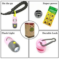 Dog Poop Pickup Bags Holder with LED Flashlight|Pet Waste Bags Dispenser for Lead Leash|Diaper Bags Distributor for Cradle Car|Carabiner Fastener Elastic Rope LR44 Button Cells Included (Pink)