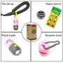 Dog Poop Pickup Bags Holder with LED Flashlight|Pet Waste Bags Dispenser for Lead Leash|Diaper Bags Distributor for Cradle Car|Carabiner Fastener Elastic Rope LR44 Button Cells Included (Pink)
