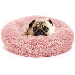 Washable Round Calming Dog Bed Soft Plush Donut Cuddler Pet Beds for Small Medium Large Dogs Cats,Pink,20''