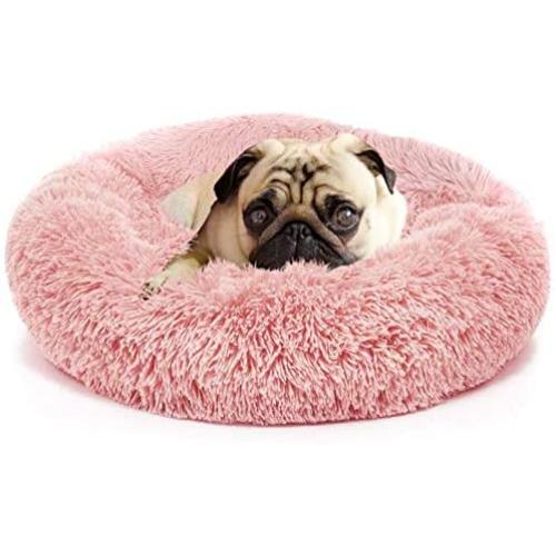 Washable Round Calming Dog Bed Soft Plush Donut Cuddler Pet Beds for Small Medium Large Dogs Cats,Pink,20''