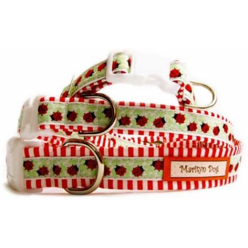 Ladybug dog collar : Happy ladybugs on clover ribbon on stripe cotton fabric pet collar. for puppies, small dogs to large dogs. Matching dog leash and step in dog harness are available. Handcrafted and made in the USA.