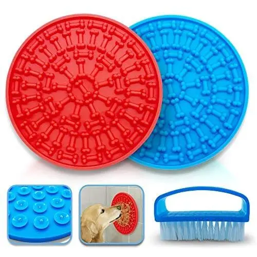 Petkoo Dog Lick Mat Set of 2 with Scrub Brush - Silicone Lick Pad for Pet Bath - Stronger Suction Cups for Shower or Tub - for Grooming, Trimming Nails, Distraction, Pet Training, Calming Anxiety