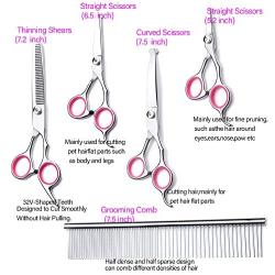 Dog Grooming Scissors kit with Safety Round End, Pet Grooming Trimmer Set with Blunt Tip-Thinning, Straight, Curved Shears tool with Comb, Nail Cliper and Nail File for Long Short Fur of Cat and Puppy