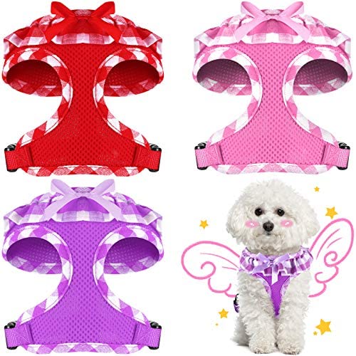 Weewooday 3 Pieces Checkered Frills Dog Vest Soft Mesh Breathable Puppy Padded Vest Lightweight Adjustable Dog Harness Set Suitable for Chest 12 to 18 Inch, Neck 9.8 Inch