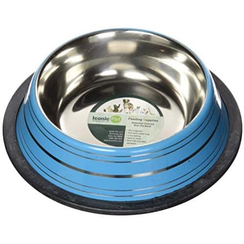 Iconic Pet Color Splash Stripe Stainless Steel Dog Food Bowl with Removable Non- Skid Ring makes it a Stable Puppy Water Bowl in Varying Sizes and Colors - Rust Free Feeding Bowl is Dishwasher Safe