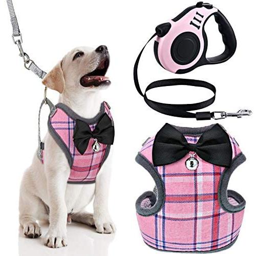 Weewooday Valentines Day Dog Harness with Retractable Leash Pink Plaid Puppy Vest Harness for Small Medium Pet Dogs