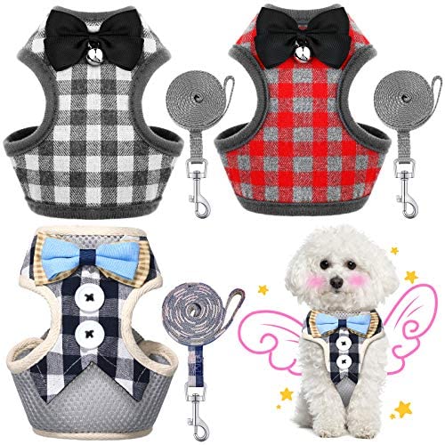 Weewooday 3 Pieces Puppy Harness and Leash Set No Pull Pet Harness with Leash Adjustable Mesh Dog Walking Harness with Cute Bows Plaid Pattern and Buttons for Small Dogs and Cats