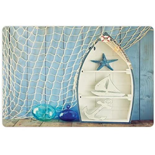 Ambesonne Nautical Pet Mat for Food and Water, Sea Objects on Wooden Backdrop with Vintage Boat Starfish Shell Fishing Net Photo, Non-Slip Rubber Mat for Dogs and Cats, 18'' X 12'', Blue Cream