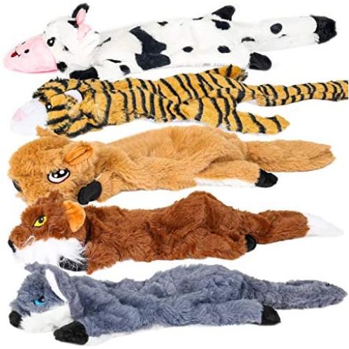 Dog Squeaky Toys, Cute Safe Dog Chew Toys Pack for Puppies Teething, 5 Pack Animals (Bull, Tiger, Fox, Wolf and Squirrel), No Stuffing Stuffless Plush pet Toy