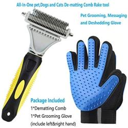 Pet Grooming Tool- Dematting Comb/Grooming Glove Set, 2 Sided Undercoat Grooming Rake for Cats/Dogs, Safely and Easily Removes Matted Tangles, Deshedding Brush Glove- Efficient Pet Hair Remove-2Pack