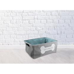 Winifred & Lily Pet Toy and Accessory Storage Bin, Organizer Storage Basket for Pet Toys, Blankets, Leashes and Food in Embroidered “Woof Bark Play in Dog Bone, Grey