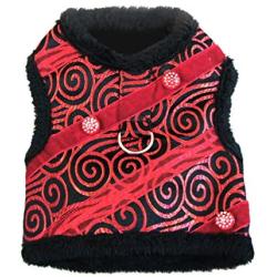 Doggie Design Ruby Red Brocade Satin and Soft Minky Plush Fur Dog Harness with Leash (L)