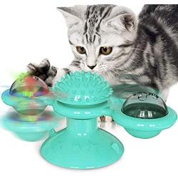 Cat Toys, Interactive Windmill Cat Toy Turntable Teasing Chew Toy Catnip Kitty Toys for Indoor Cats, Funny Kitten Toys Cat Scratching Massage Tickle Hair Brush Toothbrush w/ Suction Cup & Led Ball