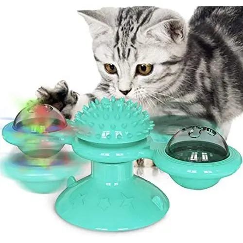 Cat Toys, Interactive Windmill Cat Toy Turntable Teasing Chew Toy Catnip Kitty Toys for Indoor Cats, Funny Kitten Toys Cat Scratching Massage Tickle Hair Brush Toothbrush w/ Suction Cup & Led Ball