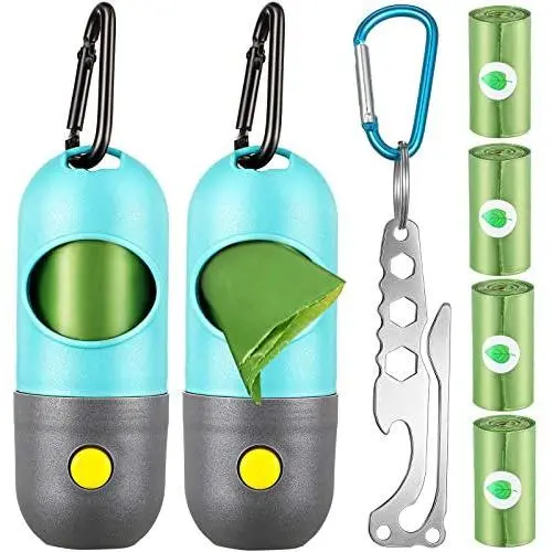 Weewooday 2 Pieces Portable Dog Poop Waste Bag Holder Dispenser Built-in LED Flashlight and 4 Rolls Leak-Proof Dog Poop Waste Bags with 1 Leash Clip and 1 Waste Knot Holder