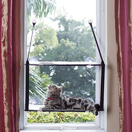 LIFIS Cat Window Perch Cat Window Bed Hammock Up to 55lb Can Be Installed on Small Window Soft Mats Stable Metal Frames Kitty Sunny Seat (Double layers, Grey) (Cat Face)