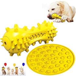 Squeak Dog Chew Toys + Slow Feeder Dog Lick Pad with 2 Squeakers/Natural Rubber/Dog Toothbrush Pet Toys Puppy Pet Training Treats Teething Toys (Yellow)