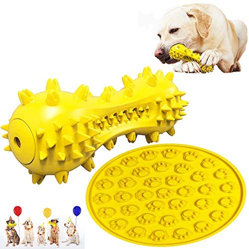 Squeak Dog Chew Toys + Slow Feeder Dog Lick Pad with 2 Squeakers/Natural Rubber/Dog Toothbrush Pet Toys Puppy Pet Training Treats Teething Toys (Yellow)