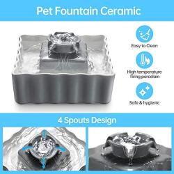 THMY Ceramic Cat Fountain, 2.1L Pet Drinking Fountain for Cat and Dog, Cat Fountain Porcelain, Cat Water Dispenser with 3 Activated Carbon Filter and Sponge Foam Pre-Filter (Grey)