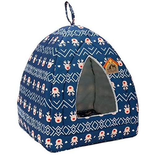 Hollypet Self-Warming 2 in 1 Foldable Comfortable Triangle Cat Bed Tent House, Blue Deer