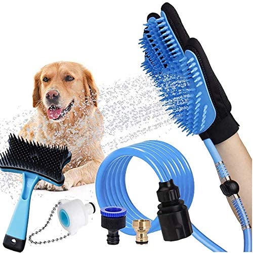AIWEILUCK Pet Bathing Tool Set with Self Cleaning Slicker Brush, Pet Shower Sprayer Massaging Glove, Pet Scrubber Attachment Set for Pet Bathing, Dog Shower Sprayer & Scrubber in-One with 3 Adapters