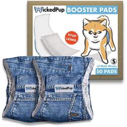 WICKEDPUP Washable Male Dog Wraps (2 Pack) with Disposable Booster Pads (50ct) | Reusable Pet Belly Bands with Doggie Diaper Insert | Cloth Puppy Pee Cover with Incontinence Liner (Blue Jean, Small)