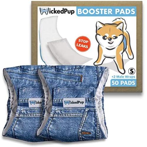 WICKEDPUP Washable Male Dog Wraps (2 Pack) with Disposable Booster Pads (50ct) | Reusable Pet Belly Bands with Doggie Diaper Insert | Cloth Puppy Pee Cover with Incontinence Liner (Blue Jean, Small)