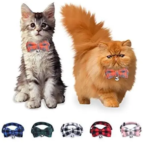 Nefelibata pet cat Collar with Bells Cute British Style Bowknot Bell cat Bow tie Fashion Beautiful Comfortable (Orange-Grey Plaid)