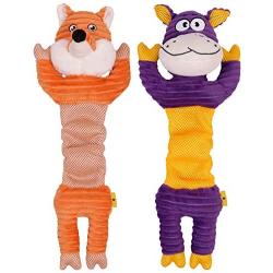 PETSVILLE Extra Long Stuffing Free Body Squeaky Plush Dog Toy Pet Chew Toys with Cute Animal Design (2 Pack / Set, Fox & Cow)