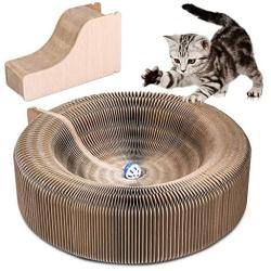 eecoo Cat Cardboard Scratcher,Round Cardboard Cat Bed Collapsible Cat Cardboard Lounge Bed with Toy Bell Ball and Catnip 3-in-1 Functional Corrugated