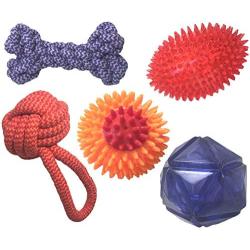 Large Dog 5 Pack Colorful Spiky Football, Chewy Tough Rope Toys and Ball - Great Big Dog Set