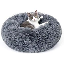 rabbitgoo Cat Bed for Indoor Cats, Fluffy Round Cat Bed for Small Dogs Kittens, Self Warming Calming Bed for Improved Sleep, Soft Plush Donut Cuddler Cushion Pet Bed, Non-Slip, Machine Washable, Gray