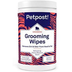 Petpost | Grooming Wipes for Dogs - Large, Deodorizing Wipes with Cherry Blossom Scent - 70 Ultra Soft Cotton Pads in Cleansing Solution