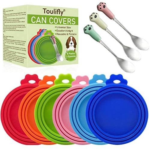 TOULIFLY Pet Food Can Covers, Can Covers for Pet Food Cans, Universal Size, 6 Pcs Silicone Pet Can Covers & 3 Pcs Pet Spoons, Pet Food Can Cover Universal Silicone Cat Dog Food Can Lids