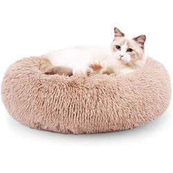 EDUJIN Fluffy Donut Cuddler Pet Bed, Cat and Dog Calming Indoor Cushion Bed with Non-Slip Bottom for Improved Sleep, Machine Washable Long Plush Soft Round Sofa Bed - 20/24 Inch for Puppy and Kitties