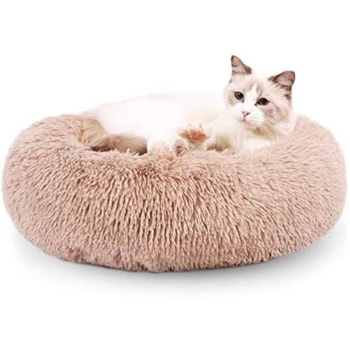 EDUJIN Fluffy Donut Cuddler Pet Bed, Cat and Dog Calming Indoor Cushion Bed with Non-Slip Bottom for Improved Sleep, Machine Washable Long Plush Soft Round Sofa Bed - 20/24 Inch for Puppy and Kitties