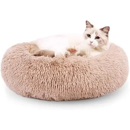 EDUJIN Fluffy Donut Cuddler Pet Bed, Cat and Dog Calming Indoor Cushion Bed with Non-Slip Bottom for Improved Sleep, Machine Washable Long Plush Soft Round Sofa Bed - 20/24 Inch for Puppy and Kitties EDUJIN Fluffy Donut Cuddler Pet Bed, Cat and Dog Calming Indoor Cushion Bed with Non-Slip Bottom for Improved Sleep, Machine Washable Long Plush Soft Round Sofa Bed - 20/24 Inch for Puppy and Kitties