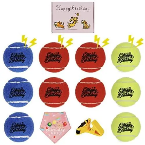 PIKASEN Deluxe Dog Gift Box with 4 Squeak Tennis Balls and 6 Non-Squeak Dog Tennis Ball - 1 Dog Selfie Clip and 1 Dog Birthday Bandana