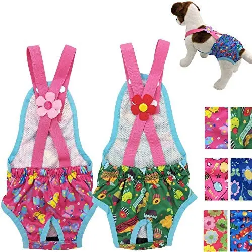 Pack of 2 Female Dog Diapers Sanitary Pantie Washable Reusable with Suspenders Stay On for Small Pet (XS: Waist 12'' - 14'', Pink Butterfly and Green Cupcake)