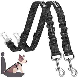 SlowTon Dog Seat Belt, 2 Pack Adjustable Pet Car Seatbelt Elastic Bungee Buffer Heavy Duty Reflective Nylon Safety Belt Connect to Dog Harness in Vehicle Travel Daily Use