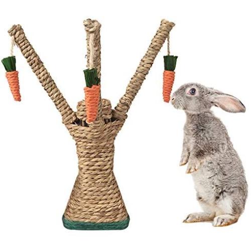 Bunny Chew Toys, Rabbit Scratching Climbing Fun Tree with Carrot Shaped Toy, Handwoven Seagrass Chew Toy for Rabbits, Cats, Hamsters, Gerbils Teeth Grinding
