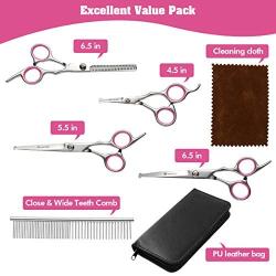 MINIDIO Dog Grooming Scissors Kit, Pet Dog Hair Cutting Scissors for Grooming Stainless Steel Shears Straight Scissors Curved Scissors Tooth Scissor Nail Clipper Apron Comb with PU Leather Storage Bag