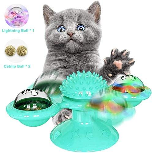 WWYM Windmill Cat Toy, Funny Kitten Windmill Lighting Ball, Massage Scratching Tickle Hair Brush, Clean Tooth Brush - Pet Molar Stick,Blue