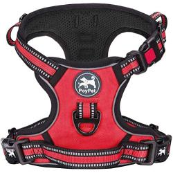 PoyPet No Pull Dog Harness, [Release on Neck] Reflective Adjustable No Choke Pet Vest with Front & Back 2 Leash Attachments, Soft Control Training Handle for Small Medium Large Dogs(Red,L)