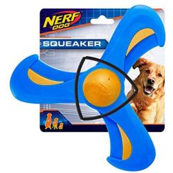 Nerf Dog Tri-Flyer Dog Toy, Frisbee, Lightweight, Durable and Water Resistant, Great for Beach and Pool, 9 inches, for Medium/Large Breeds, Single Unit, Blue and Orange