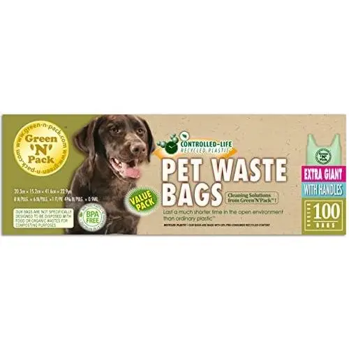 GreenNPack Extra Large Dog Waste Bags, 100-Count Premium Handle Bags for Giant Breeds (Heavy Duty Solution)