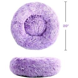 Mictovin Round Donut Dog Bed Cat Beds, Gradient Color Plush Calming Pet Bedding, Marshmallow Faux Fur Cat Bed Pillow Cuddler for Small Dogs (20'' x 20'', Purple)